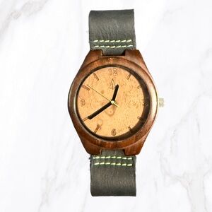 Treehut Men’s Brown Wood Watch | Genuine Leather w/ Neon Green Stitching